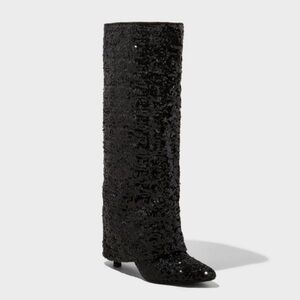 Women's Abba Sequin Foldover Tall Boots - A New Day Black 8